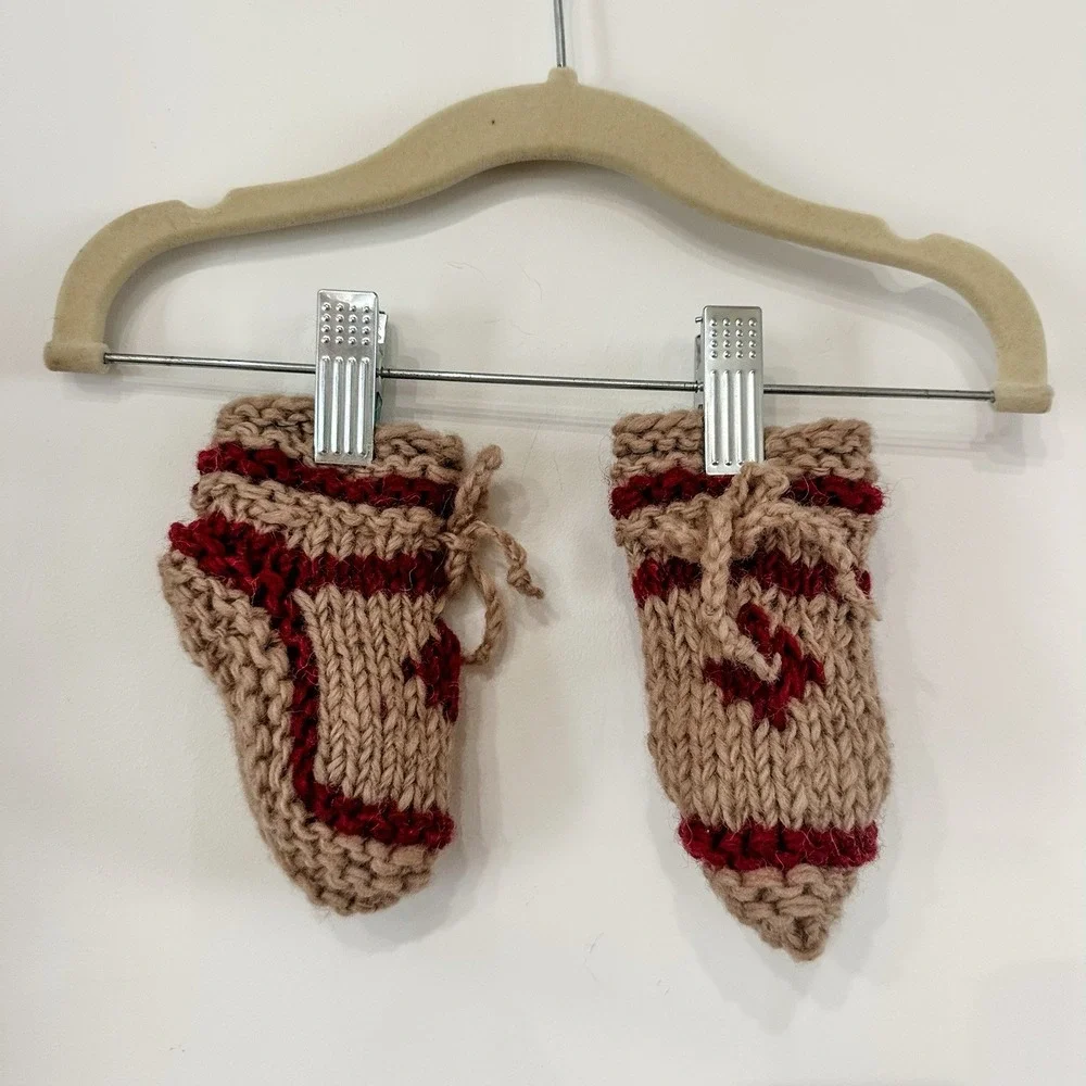 Knit Baby Booties 6-12 Mos Beige Burgundy Maple Leaf Lined Booties Handmade Wool
